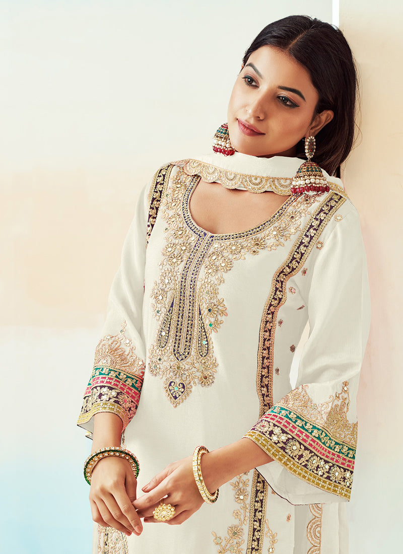 White Embroidered Traditional Palazzo Style Salwar Suit