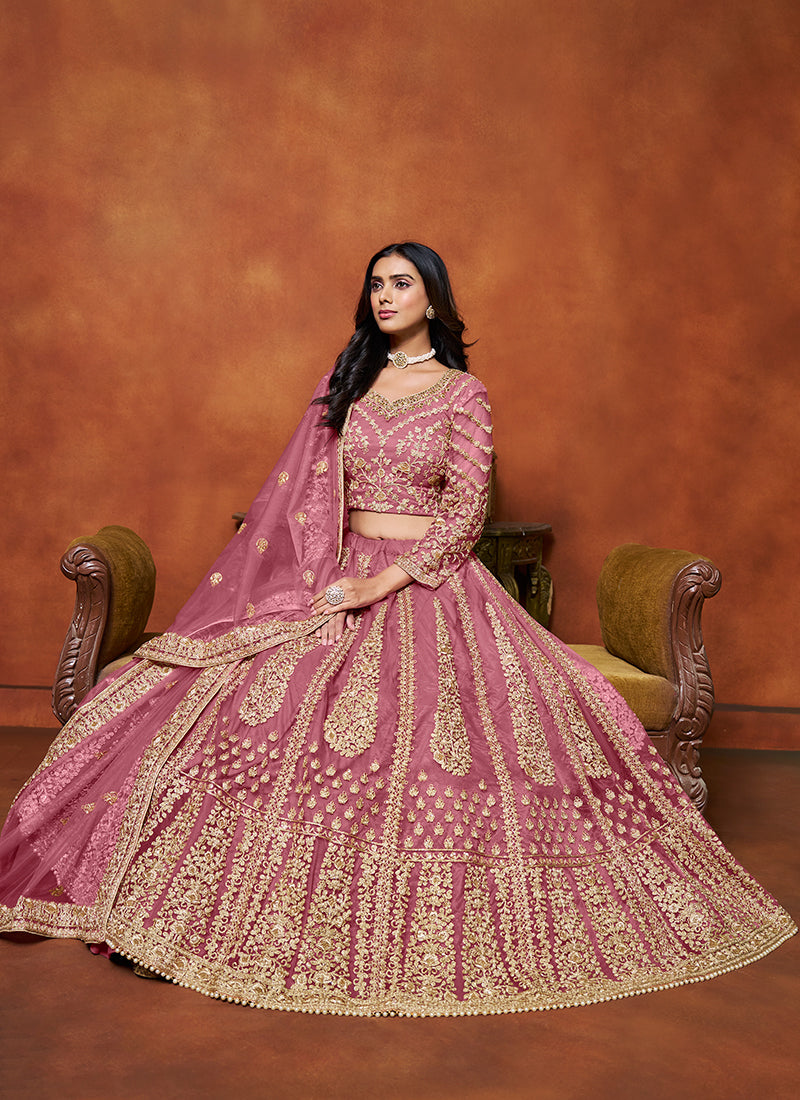 Pink Embroidered Net Lehenga Choli