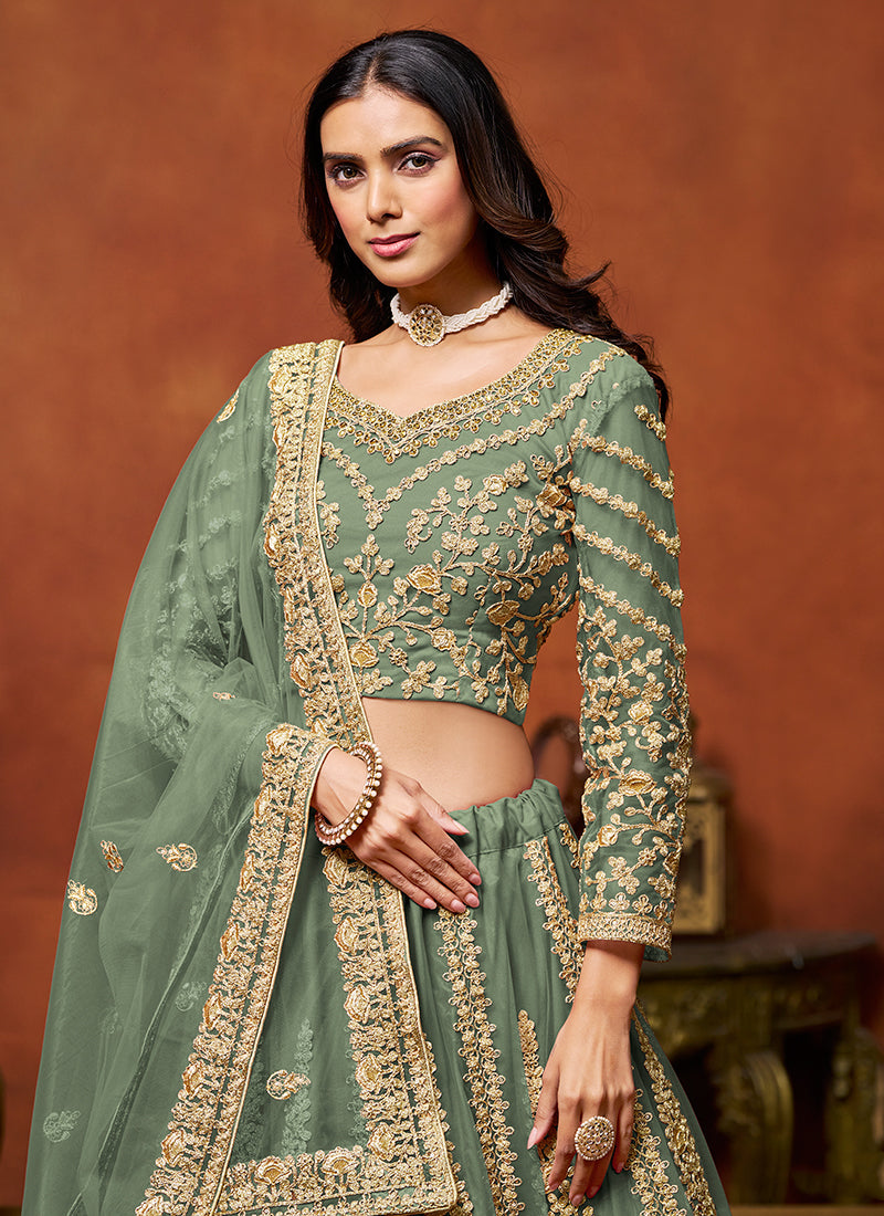 Sage Green Embroidered Net Lehenga Choli