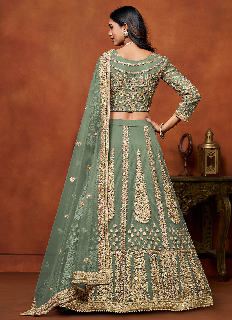 Sage Green Embroidered Net Lehenga Choli