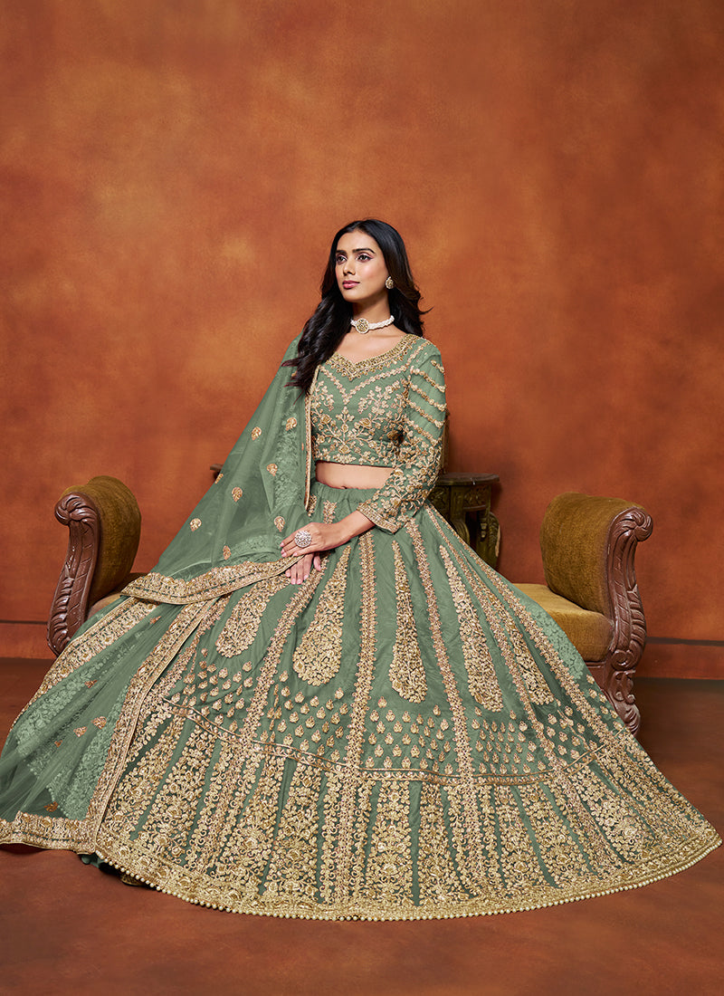 Sage Green Embroidered Net Lehenga Choli