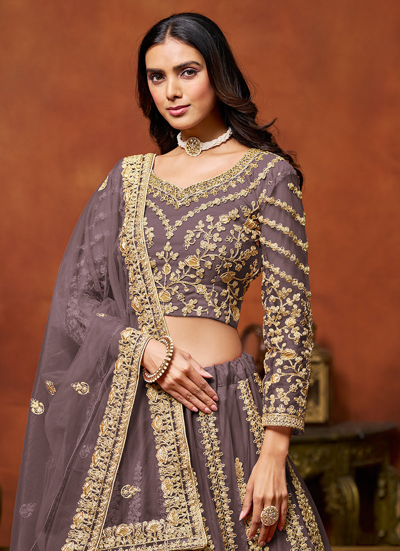 Purple Embroidered Net Lehenga Choli