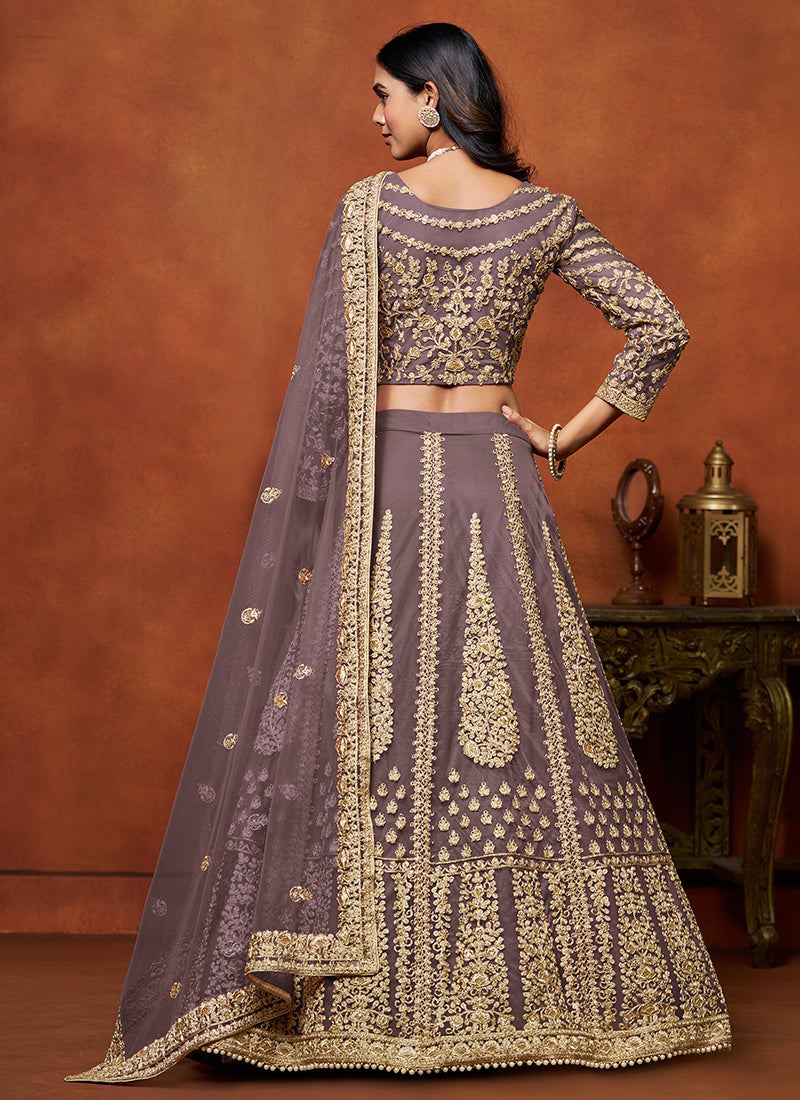 Purple Embroidered Net Lehenga Choli