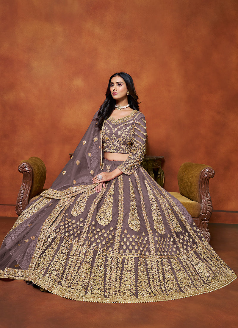 Purple Embroidered Net Lehenga Choli