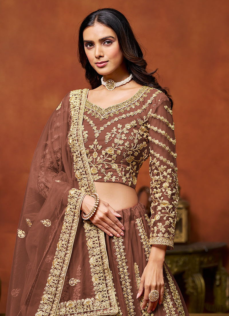 Copper Brown Embroidered Net Lehenga Choli