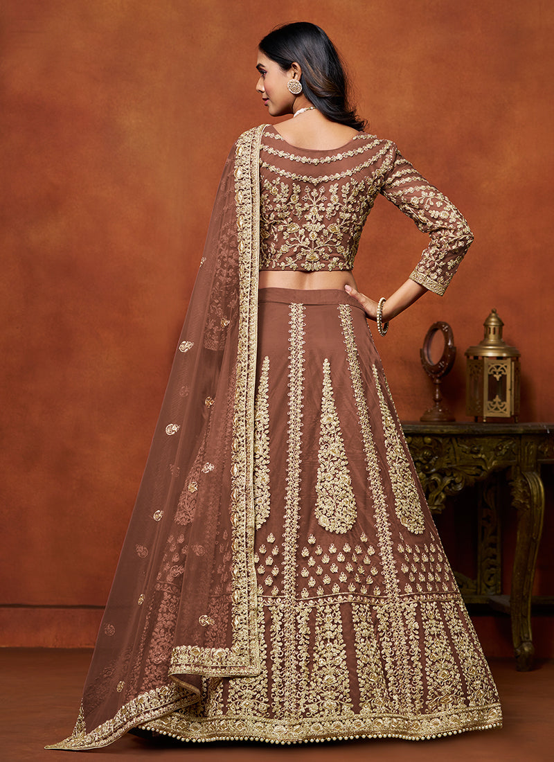 Copper Brown Embroidered Net Lehenga Choli