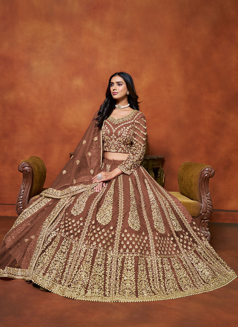 Copper Brown Embroidered Net Lehenga Choli