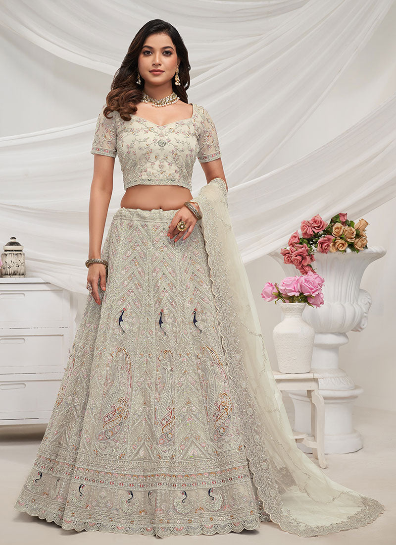 Pearl White Multi Embroidery Wedding Style Lehenga Choli