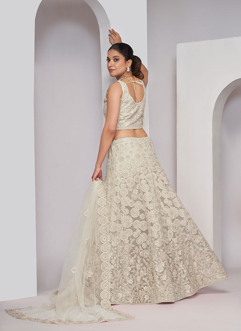 Off White Sequence Embroidery Wedding Style Lehenga