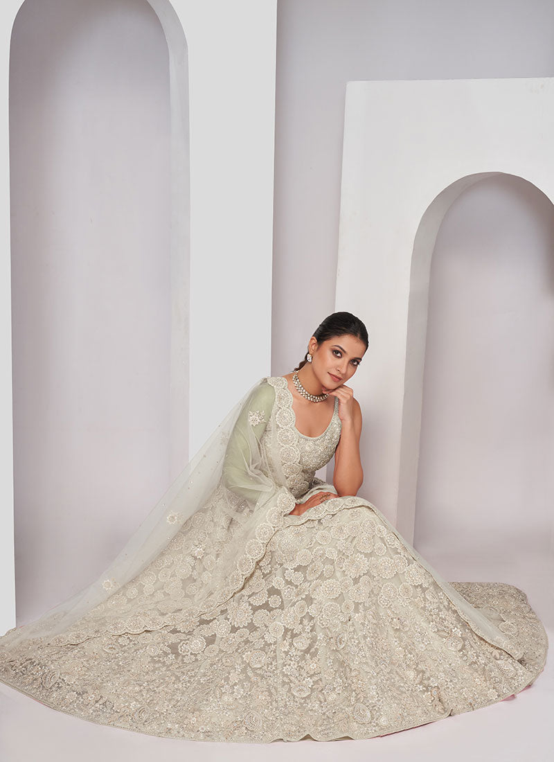 Off White Sequence Embroidery Wedding Style Lehenga