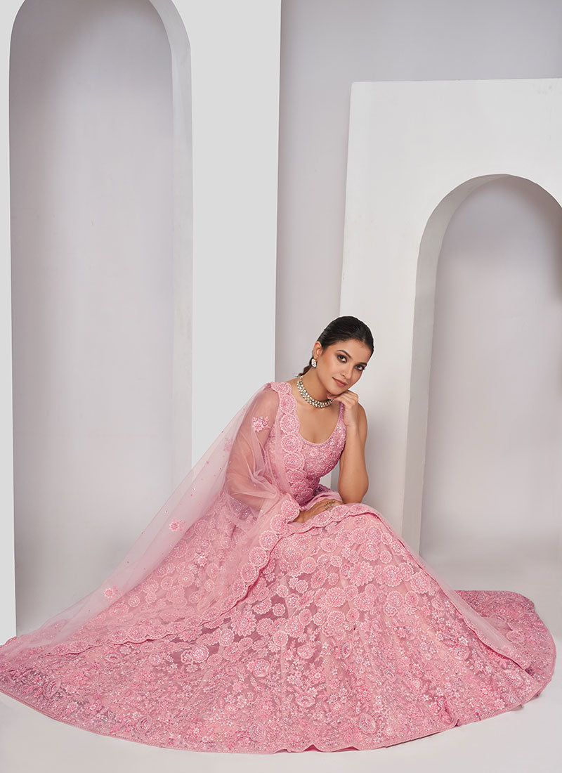 Soft Pink Sequence Embroidery Wedding Style Lehenga