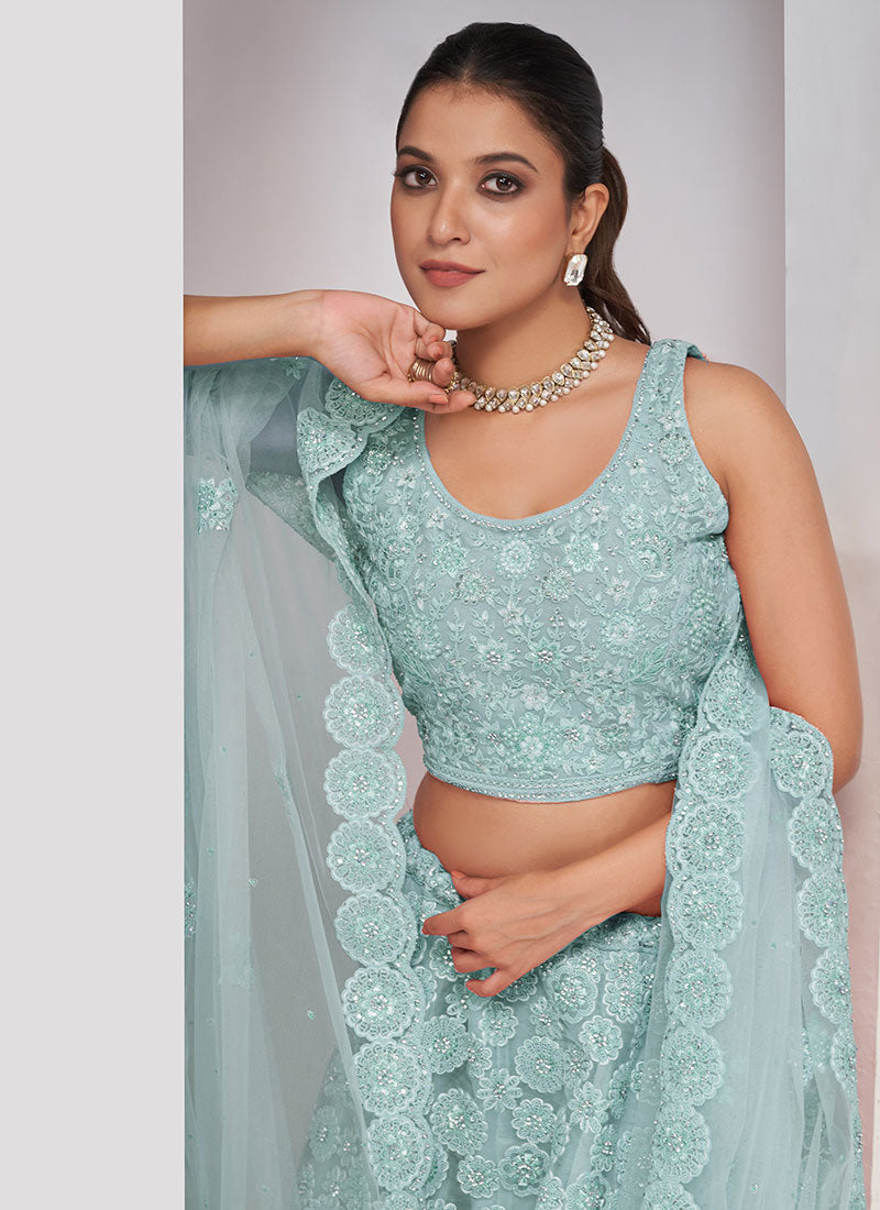 Aqua Blue Sequence Embroidery Wedding Style Lehenga