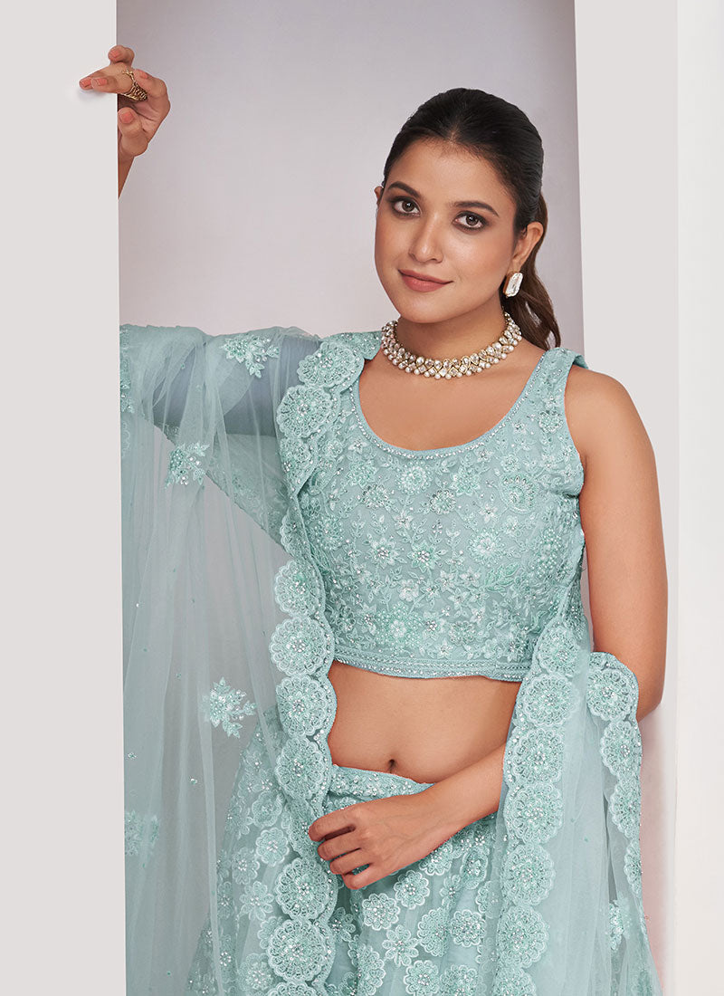 Aqua Blue Sequence Embroidery Wedding Style Lehenga