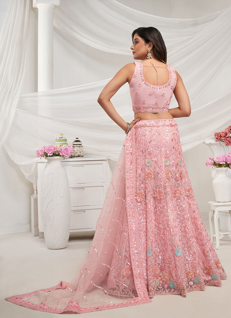 Coral Pink Multi Sequence Embroidery Lehenga For Wedding