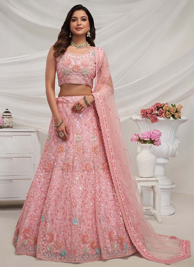 Coral Pink Multi Sequence Embroidery Lehenga For Wedding