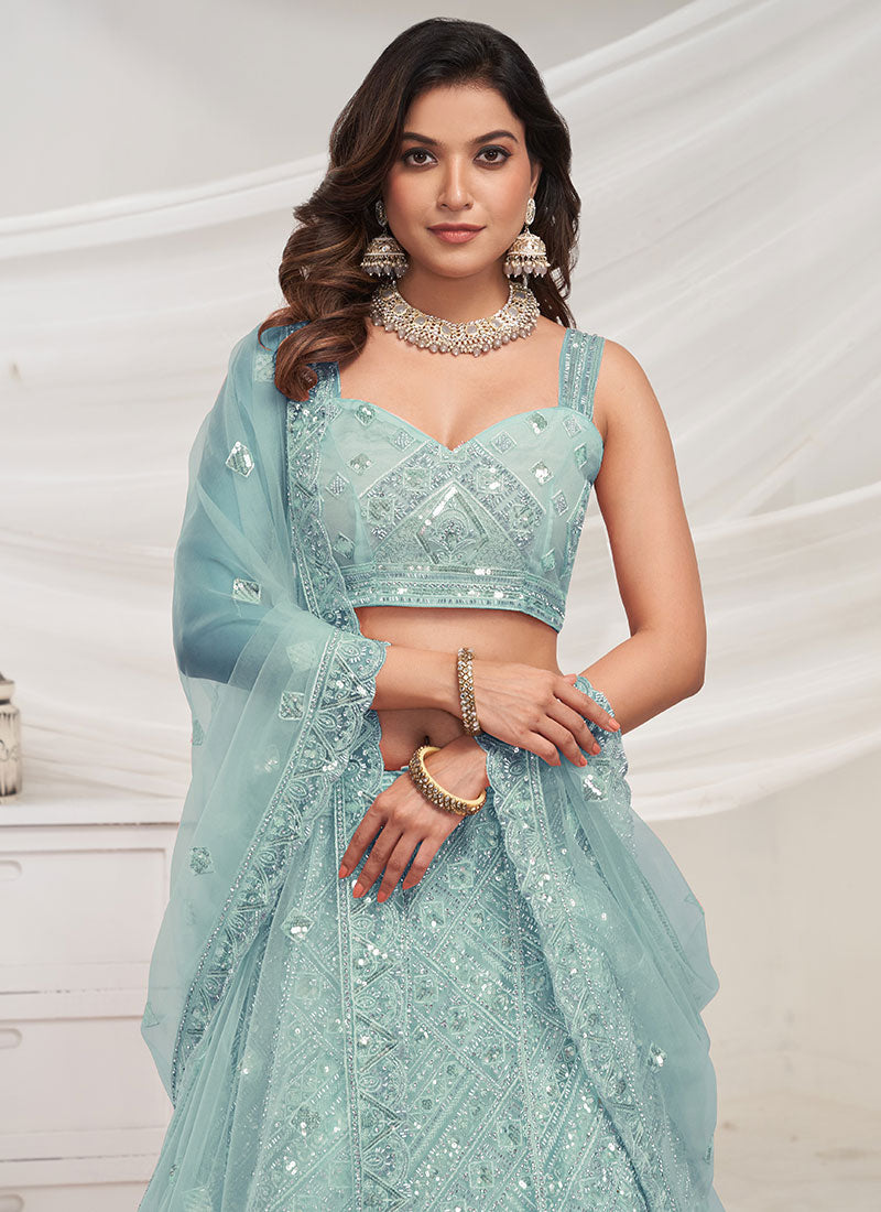 Sky Blue Sequence Embroidery Designer Lehenga Choli For Wedding