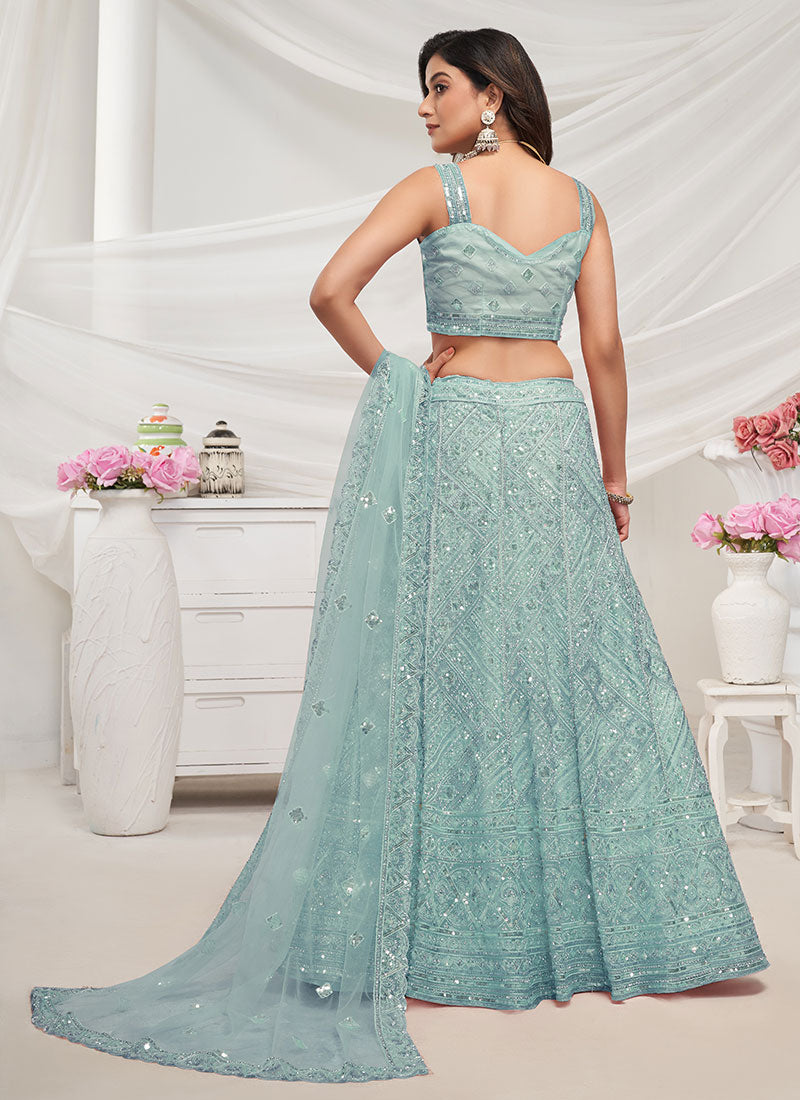 Sky Blue Sequence Embroidery Designer Lehenga Choli For Wedding