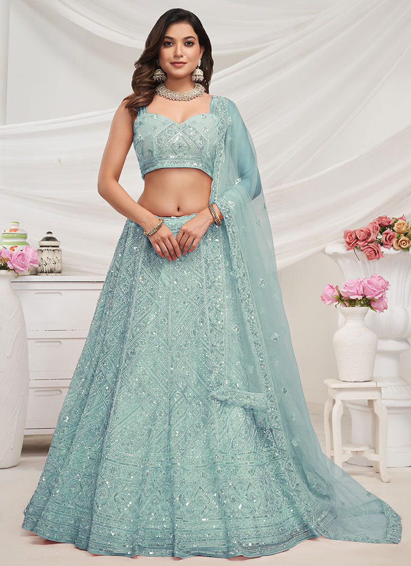 Sky Blue Sequence Embroidery Designer Lehenga Choli For Wedding