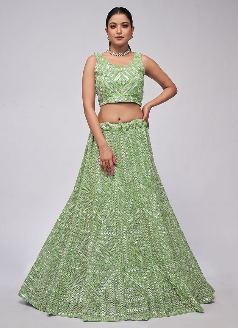 Light Green Sequence Embroidery Lehenga Choli For Indian Wedding