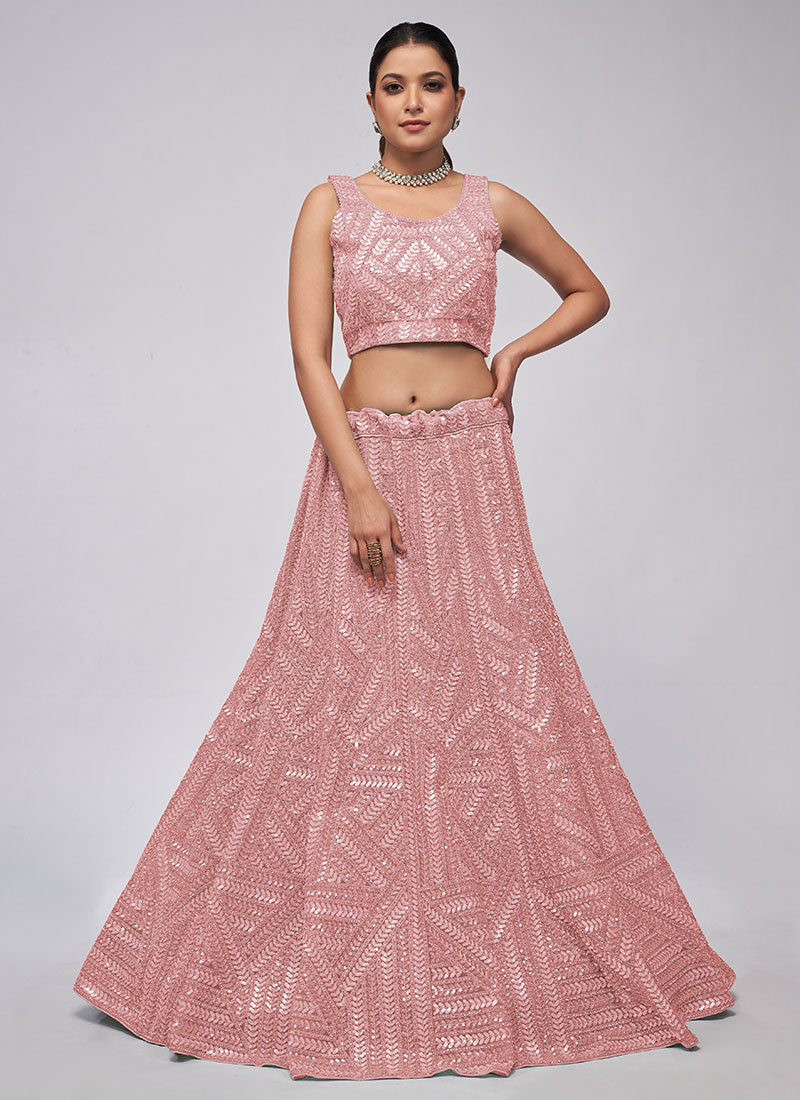 Soft Pink Sequence Embroidery Lehenga Choli For Indian Wedding