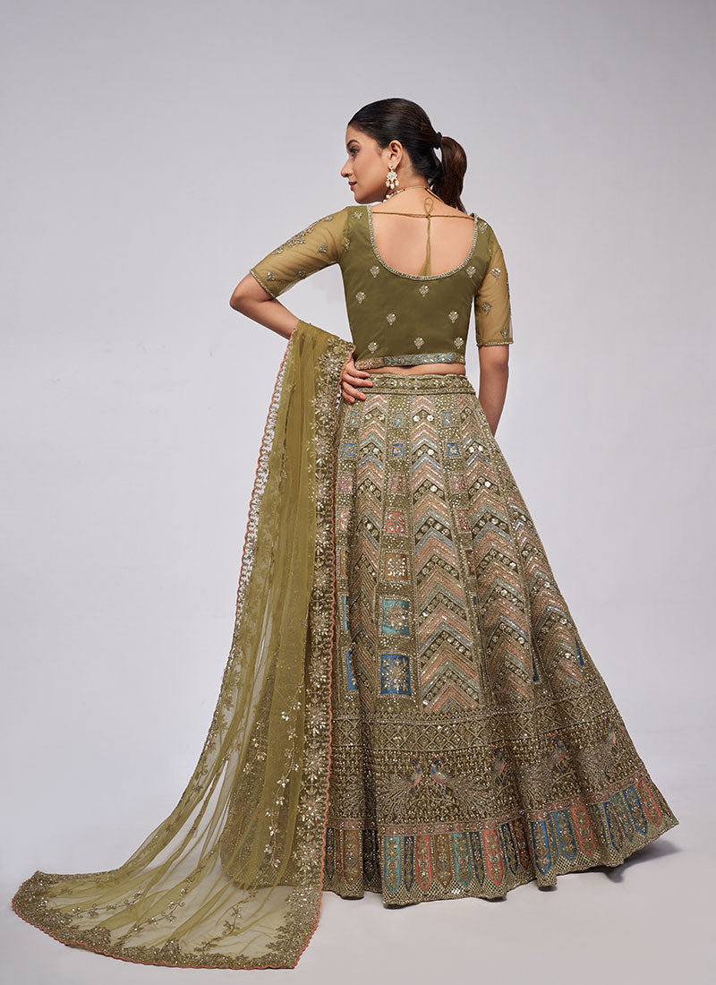 Olive Green Multi Embroidery Lehenga Choli For Indian Wedding