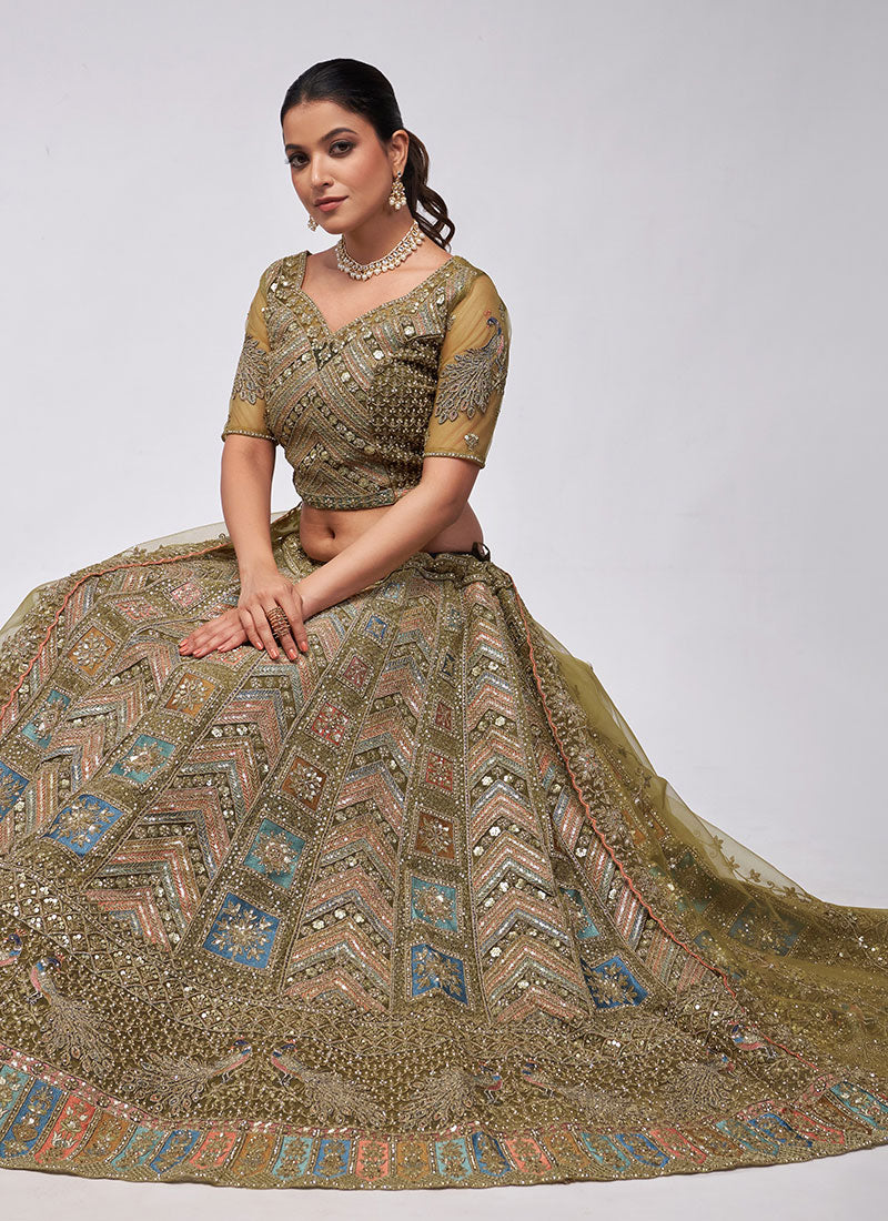 Olive Green Multi Embroidery Lehenga Choli For Indian Wedding