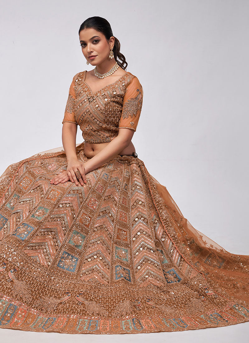 Rust Orange Multi Embroidery Lehenga Choli For Indian Wedding