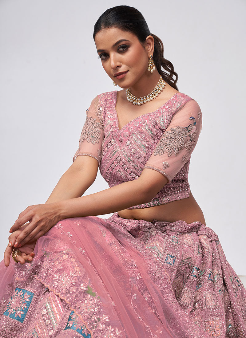 Pink Multi Embroidery Lehenga Choli For Indian Wedding