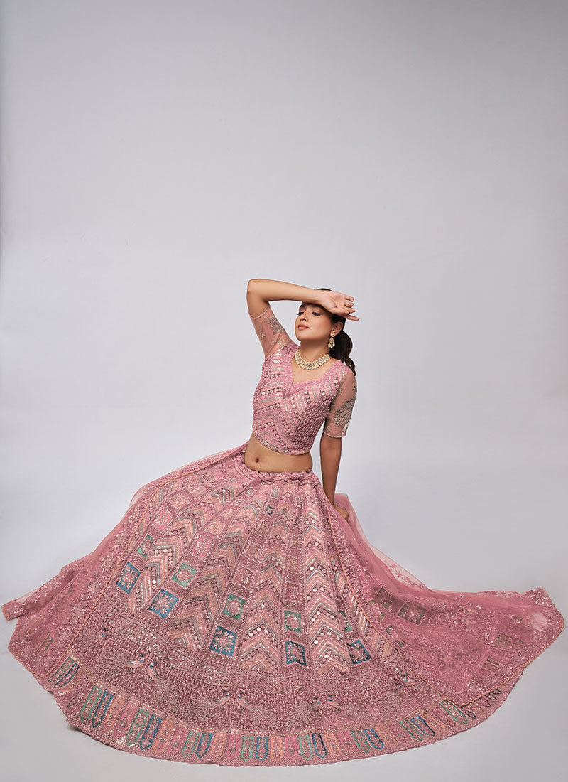 Pink Multi Embroidery Lehenga Choli For Indian Wedding