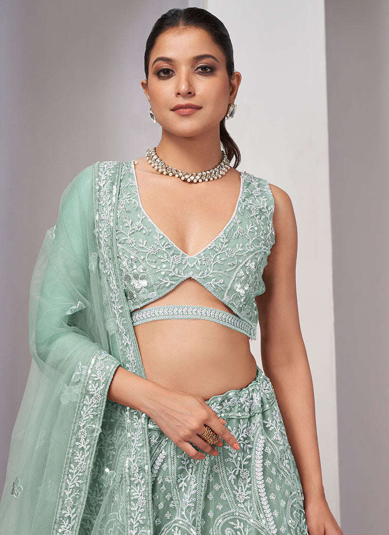 Mint Green Thread And Sequence Embroidery Traditional Wedding Lehenga