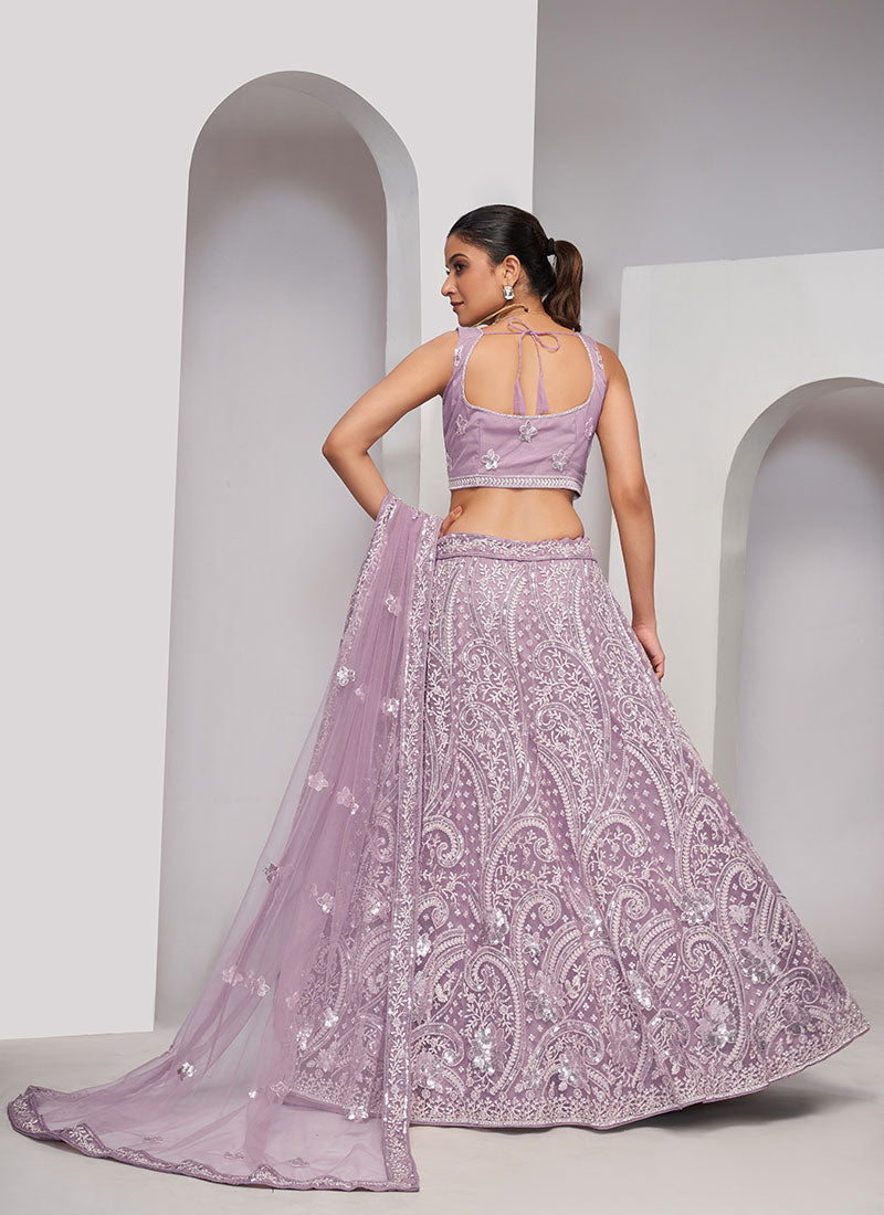 Lavender Thread And Sequence Embroidery Traditional Wedding Lehenga