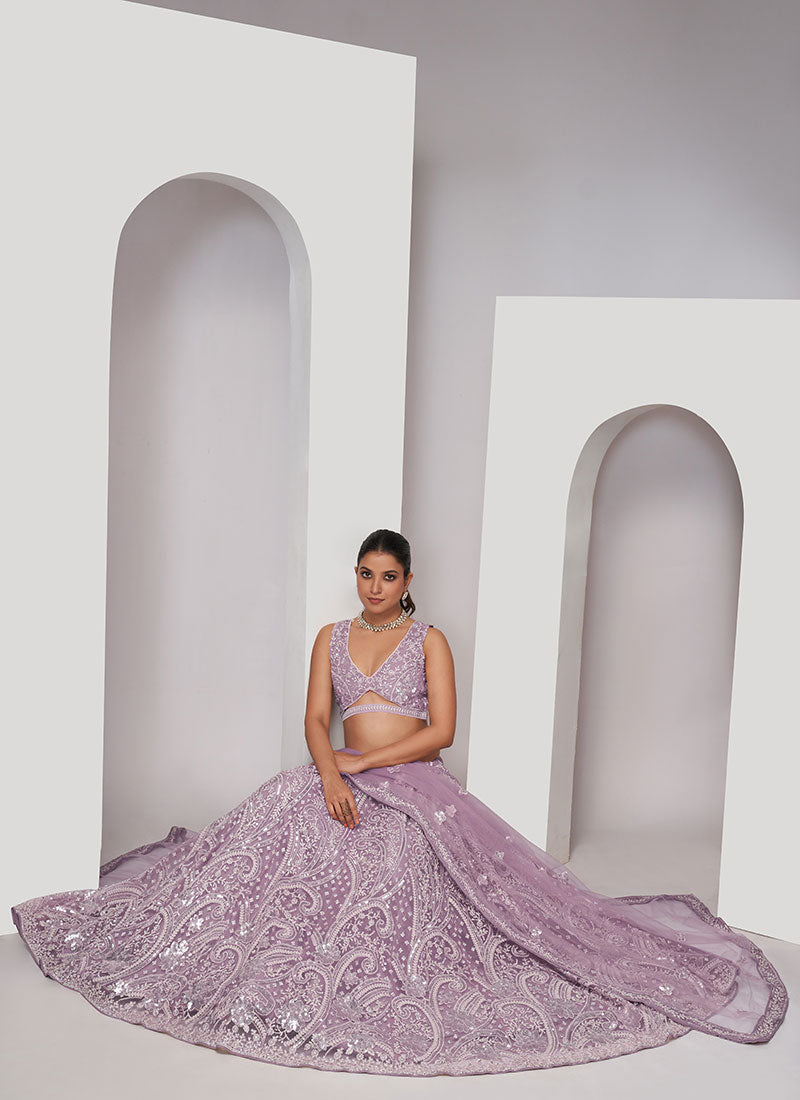 Lavender Thread And Sequence Embroidery Traditional Wedding Lehenga