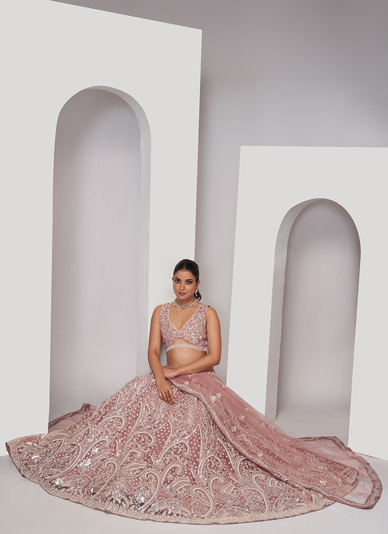 Blush Pink Thread And Sequence Embroidery Traditional Wedding Lehenga