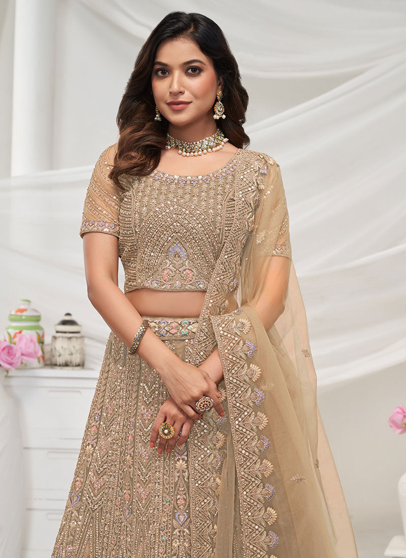 Beige Golden Multi Embroidery Lehenga Choli For Wedding