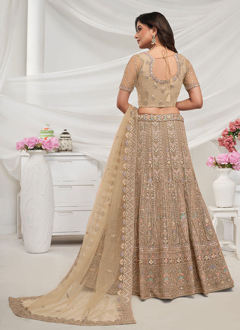 Beige Golden Multi Embroidery Lehenga Choli For Wedding