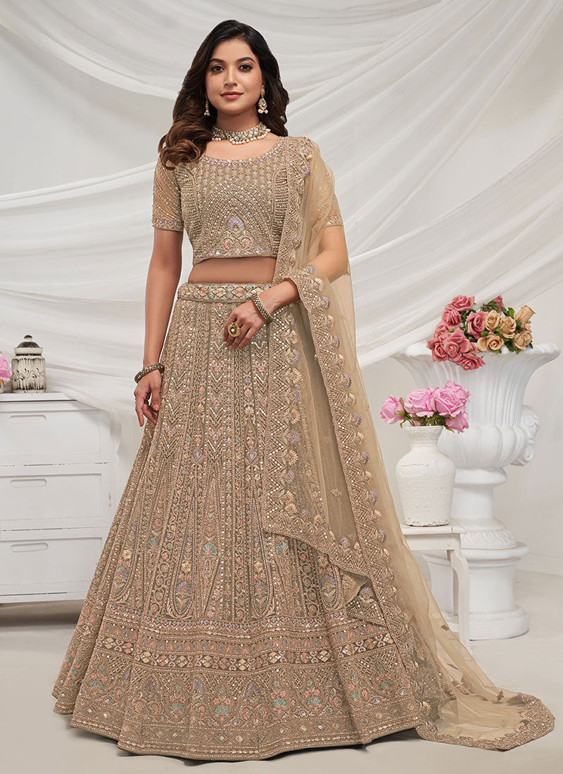 Beige Golden Multi Embroidery Lehenga Choli For Wedding