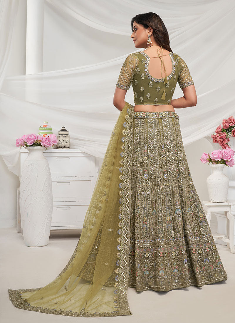 Olive Green Multi Embroidery Lehenga Choli For Wedding