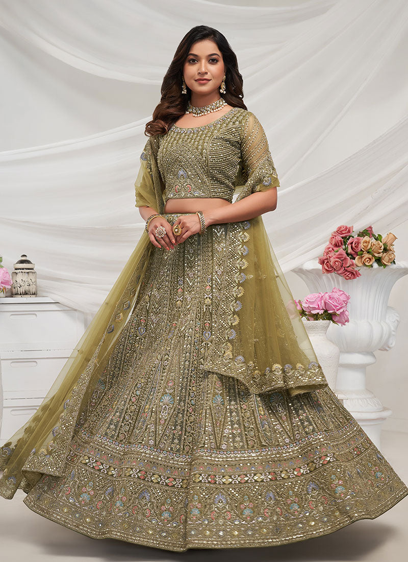 Olive Green Multi Embroidery Lehenga Choli For Wedding