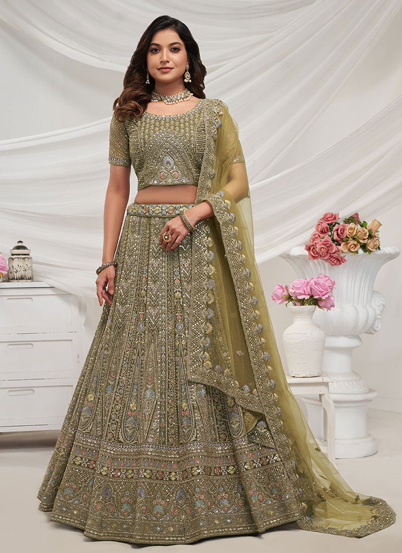 Olive Green Multi Embroidery Lehenga Choli For Wedding