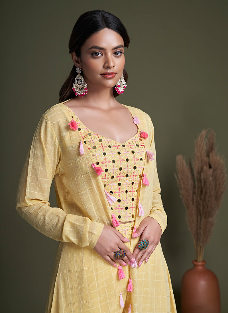 Yellow Embroidery Cape Style Co-Ord Palazzo Set