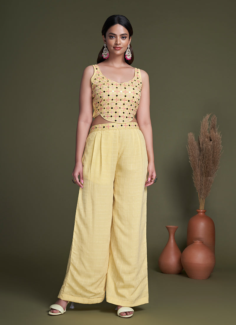 Yellow Embroidery Cape Style Co-Ord Palazzo Set