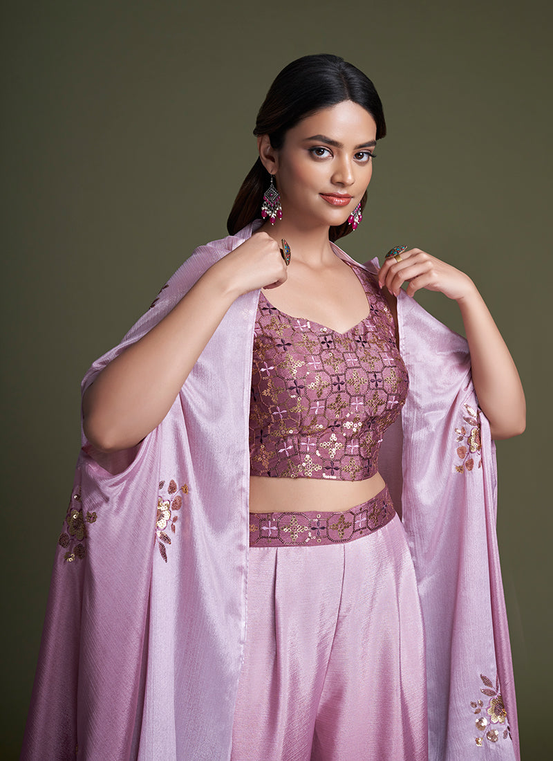 Mauve Purple Sequence Embroidery Cape Style Co-Ord Palazzo Set