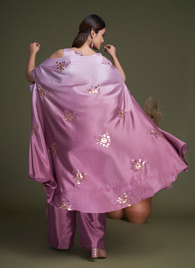 Mauve Purple Sequence Embroidery Cape Style Co-Ord Palazzo Set