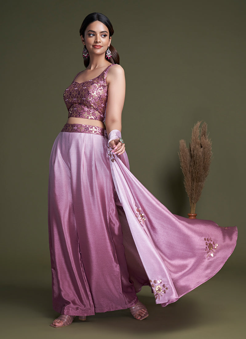 Mauve Purple Sequence Embroidery Cape Style Co-Ord Palazzo Set