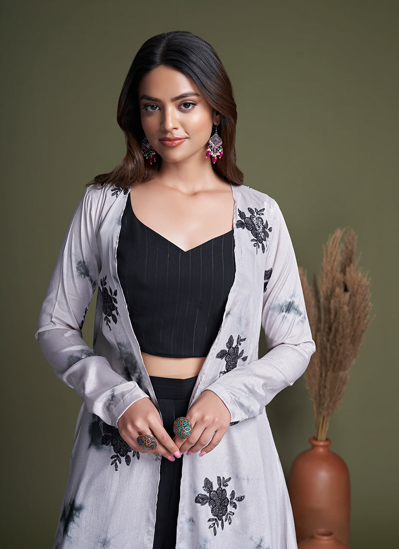 Black And White Sequence Embroidery Cape Style Co-Ord Palazzo Set