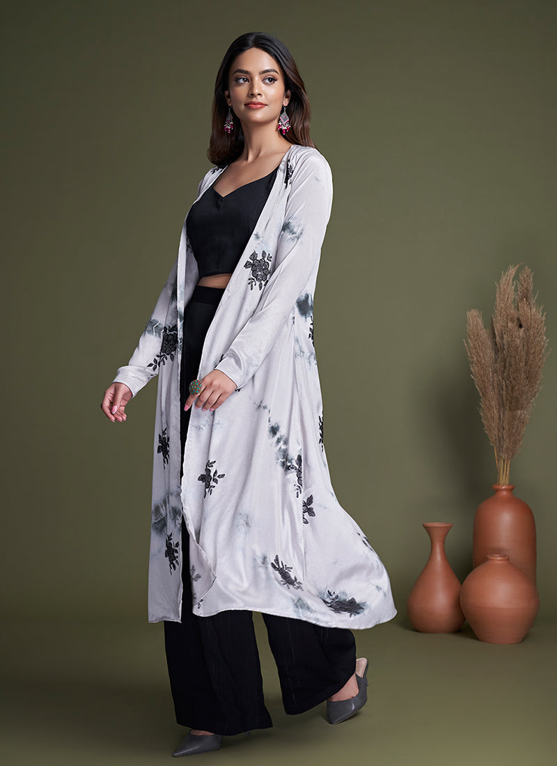 Black And White Sequence Embroidery Cape Style Co-Ord Palazzo Set