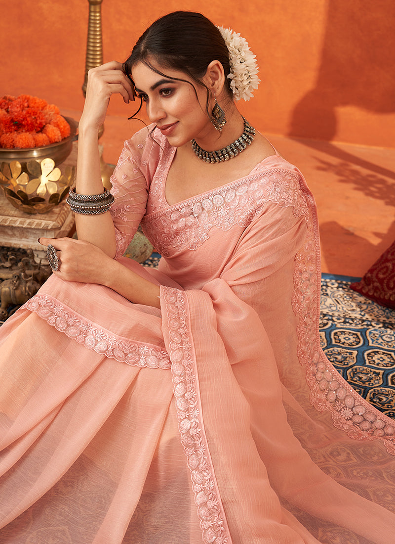 Soft Peach Embroidery Festive Georgette Saree