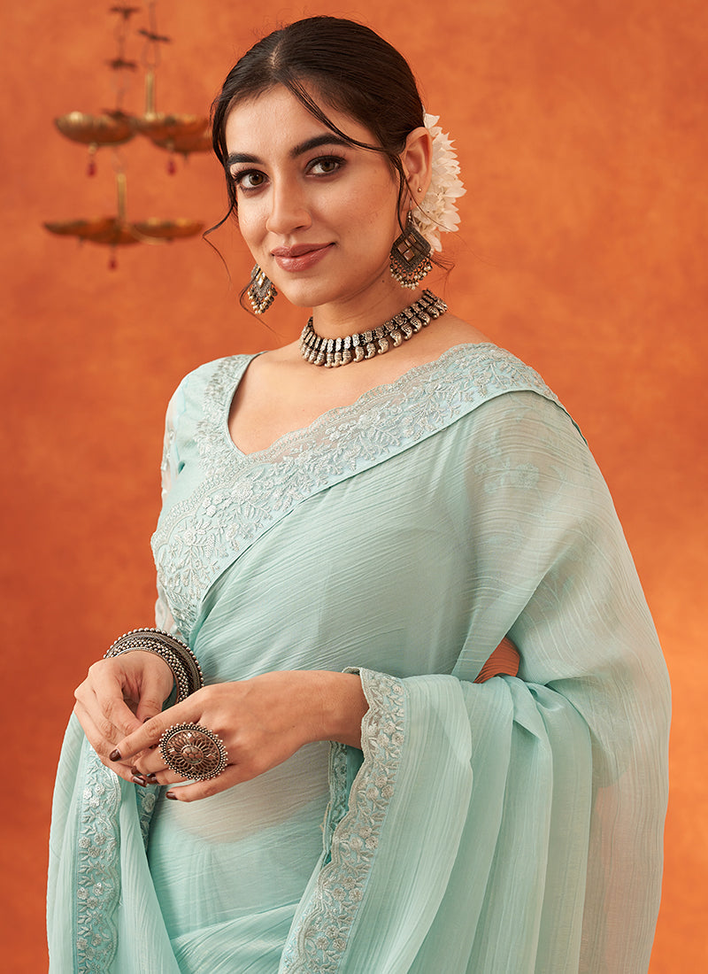 Sea Green Embroidery Festive Georgette Saree