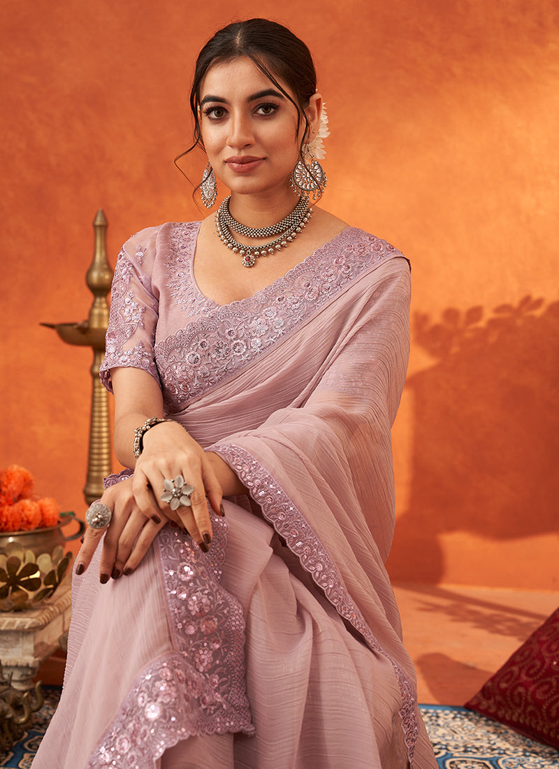 Lavender Embroidery Festive Georgette Saree