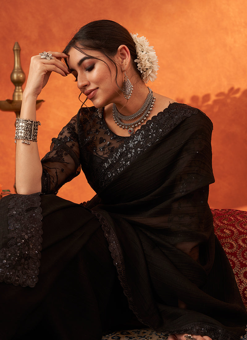 Black Embroidery Festive Georgette Saree